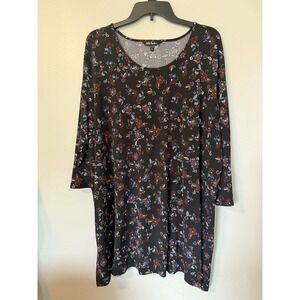 Ulla Popken Dress Womans 24-26 Black Floral 3/4 sleeves Knee Length